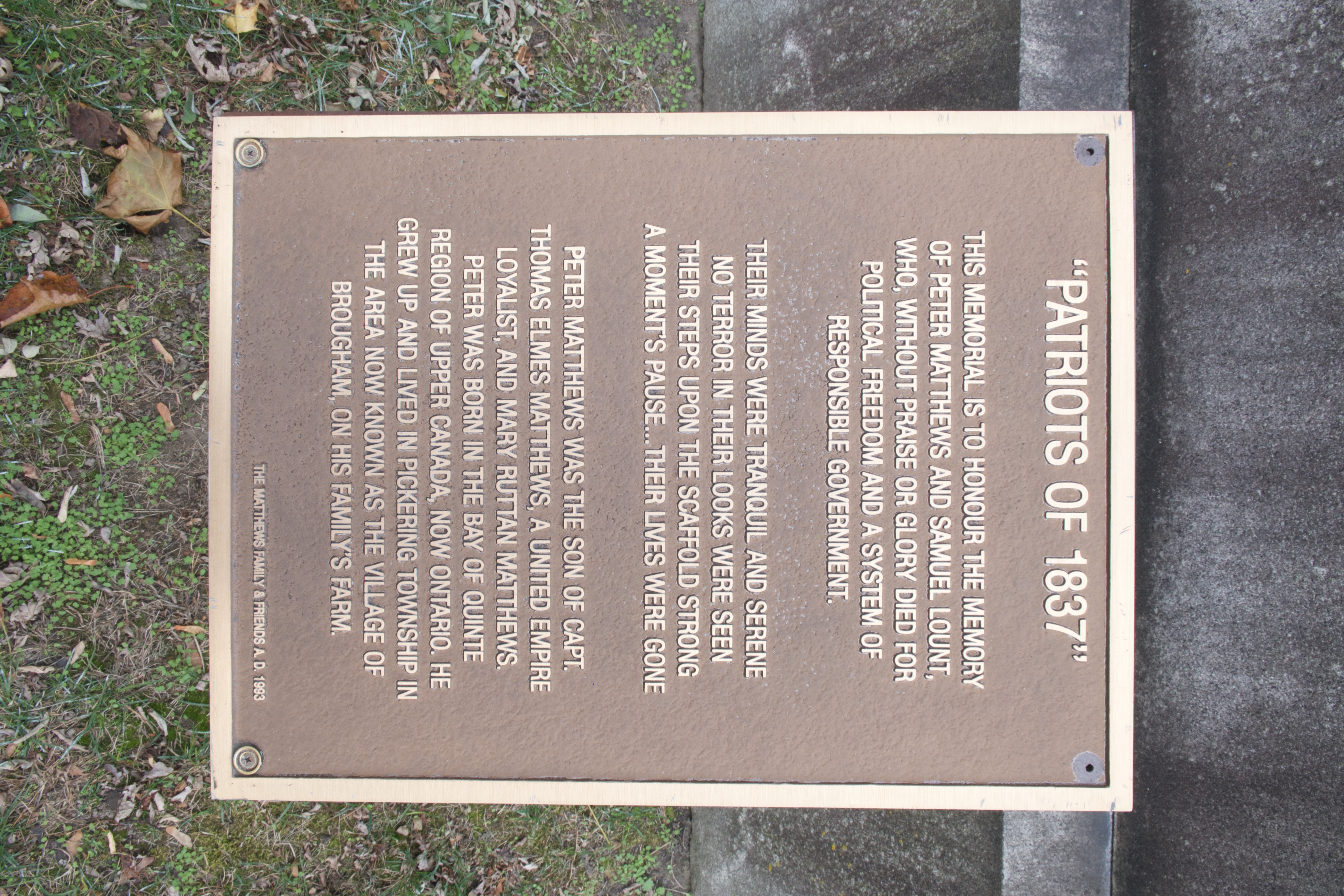 "Patriots of 1837" Plaque